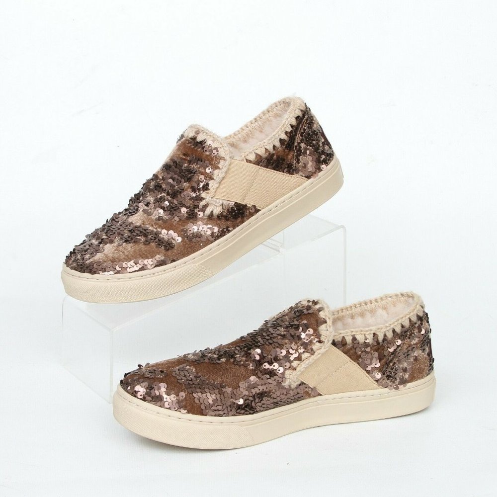 Rare Mou Brown Sequin Velour Sheepskin Shearling Eskimo Loafer Shoes Womens 8